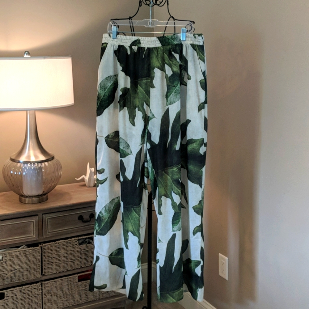 Cream and green palm print pants